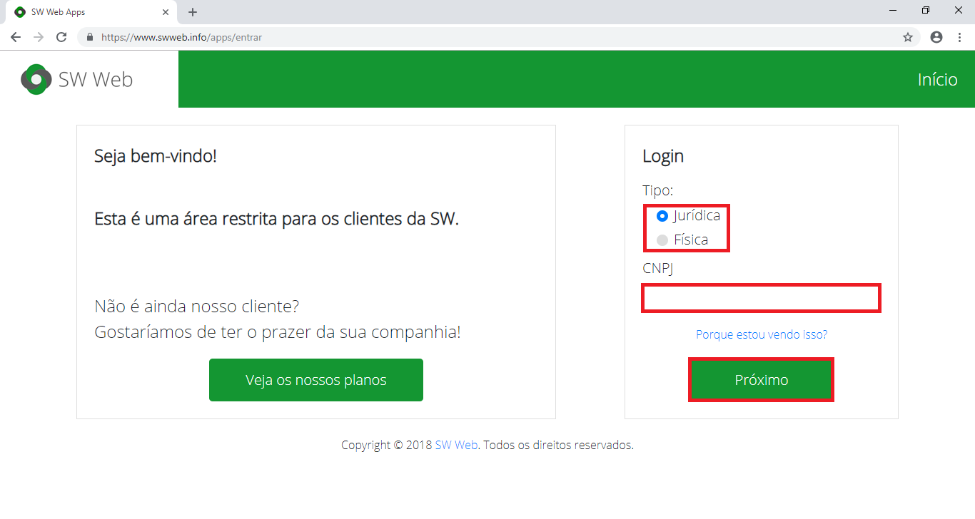 Preencher identificação e clicar em Próximo na página de login da SW Web